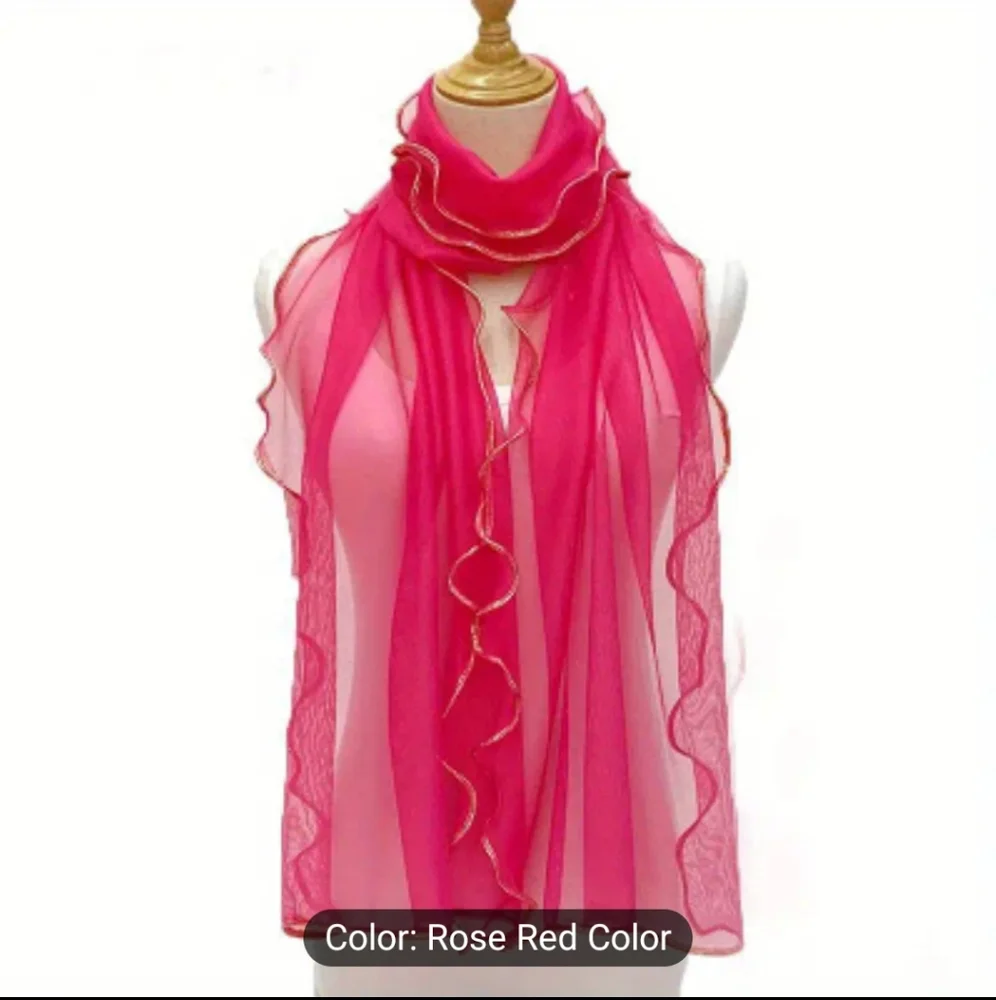 Scarf Ruffle Trim Sheer Rose Red